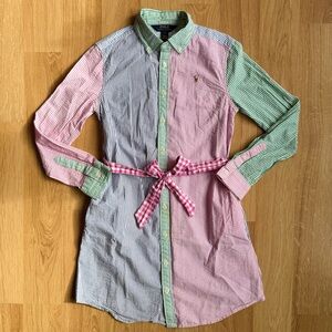 EUC Ralph Lauren Girl’s Collared Seersucker Shirt Dress with Gingham Belt